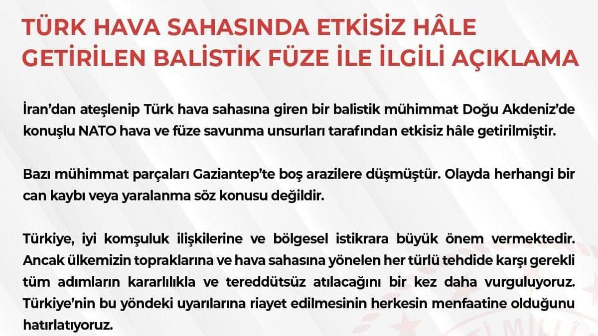 MSB: Türk hava sahasına giren balistik mühimmat imha edildi
